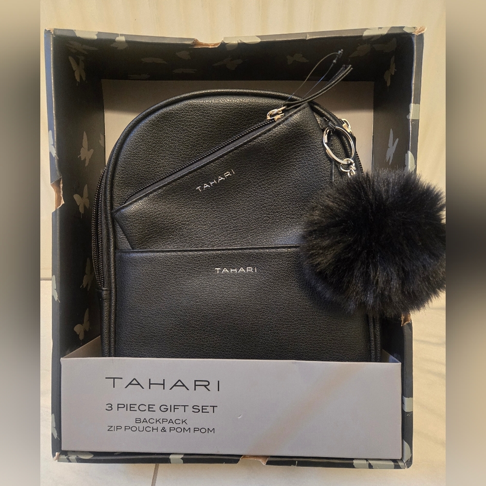 Tahari 3 Pc Gift Box Black Vegan Backpack, Zip Pouch & Pom Accessory. New in box